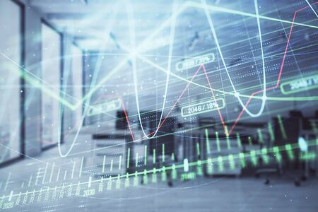 Stock and bond market graph with trading desk bank office interior on background. Multi exposure. Concept of financial analysisの写真素材