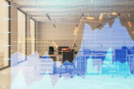 Stock and bond market graph with trading desk bank office interior on background. Multi exposure. Concept of financial analysisの写真素材