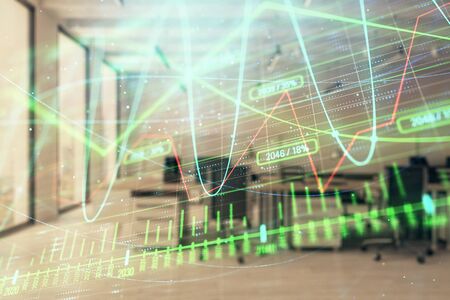 Stock and bond market graph with trading desk bank office interior on background. Multi exposure. Concept of financial analysisの写真素材