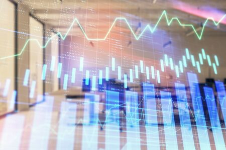 Stock and bond market graph with trading desk bank office interior on background. Multi exposure. Concept of financial analysisの写真素材
