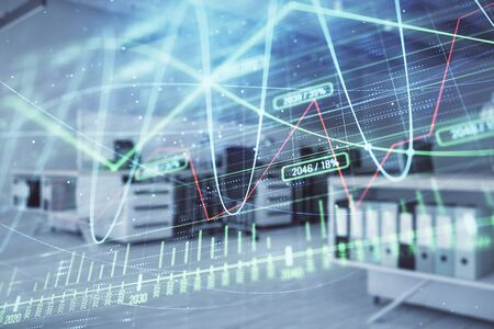 Stock market chart with trading desk bank office interior on background. Double exposure. Concept of financial analysisの写真素材