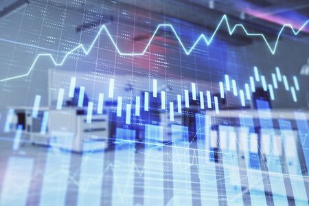 Stock market chart with trading desk bank office interior on background. Double exposure. Concept of financial analysisの写真素材