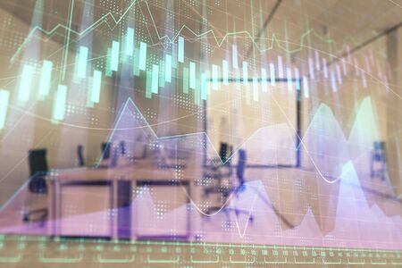 Stock market chart with trading desk bank office interior on background. Double exposure. Concept of financial analysisの写真素材