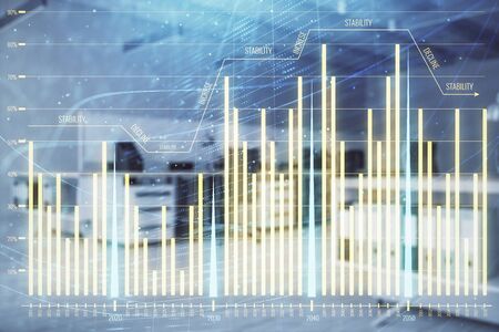 Stock market chart with trading desk bank office interior on background. Double exposure. Concept of financial analysisの写真素材