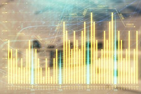 Stock market chart with trading desk bank office interior on background. Double exposure. Concept of financial analysisの写真素材