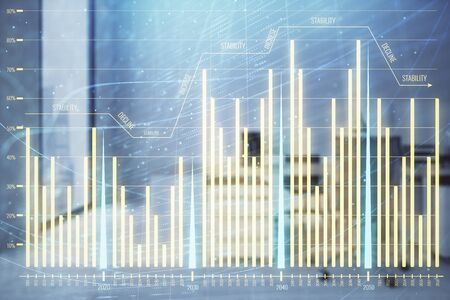 Stock market chart with trading desk bank office interior on background. Double exposure. Concept of financial analysisの写真素材