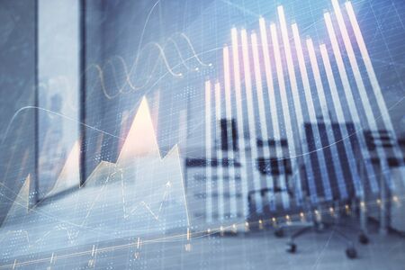 Stock market chart with trading desk bank office interior on background. Double exposure. Concept of financial analysisの写真素材