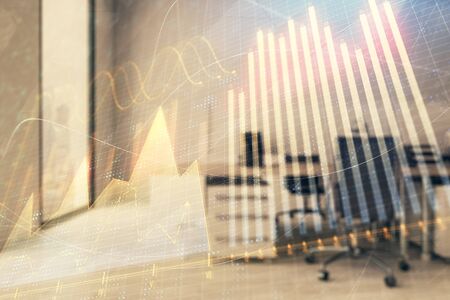 Stock market chart with trading desk bank office interior on background. Double exposure. Concept of financial analysisの写真素材