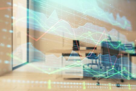 Stock market chart with trading desk bank office interior on background. Double exposure. Concept of financial analysisの写真素材
