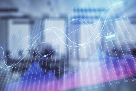 Stock market chart with trading desk bank office interior on background. Double exposure. Concept of financial analysisの写真素材