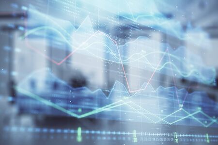 Stock market chart with trading desk bank office interior on background. Double exposure. Concept of financial analysisの写真素材