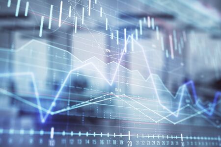 Stock market chart with trading desk bank office interior on background. Double exposure. Concept of financial analysisの写真素材