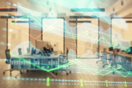 Stock market chart with trading desk bank office interior on background. Double exposure. Concept of financial analysisの写真素材