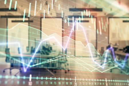 Stock market chart with trading desk bank office interior on background. Double exposure. Concept of financial analysisの写真素材