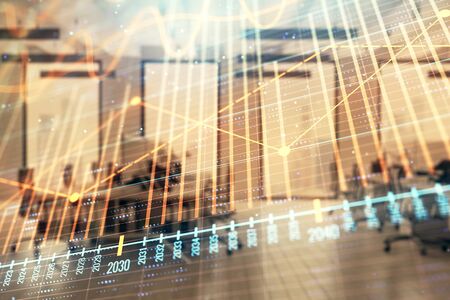 Stock market chart with trading desk bank office interior on background. Double exposure. Concept of financial analysisの写真素材