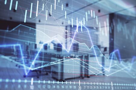 Stock market chart with trading desk bank office interior on background. Double exposure. Concept of financial analysisの写真素材