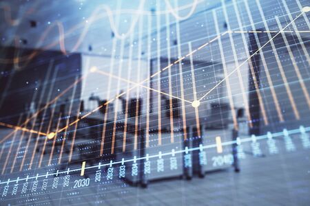 Stock market chart with trading desk bank office interior on background. Double exposure. Concept of financial analysisの写真素材