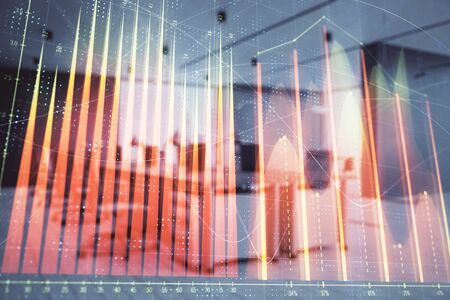 Stock market chart with trading desk bank office interior on background. Double exposure. Concept of financial analysisの写真素材