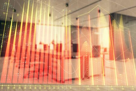 Stock market chart with trading desk bank office interior on background. Double exposure. Concept of financial analysisの写真素材