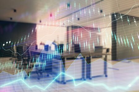 Stock market chart with trading desk bank office interior on background. Double exposure. Concept of financial analysisの写真素材