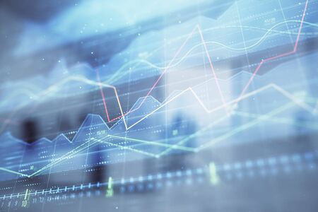 Stock market chart with trading desk bank office interior on background. Double exposure. Concept of financial analysisの写真素材
