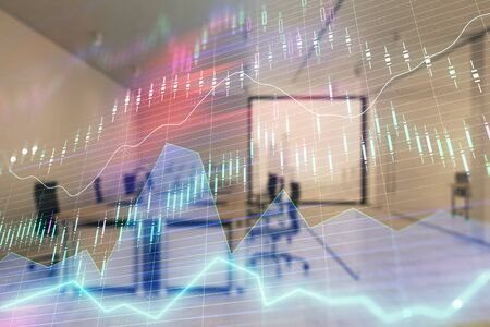Stock market chart with trading desk bank office interior on background. Double exposure. Concept of financial analysisの写真素材