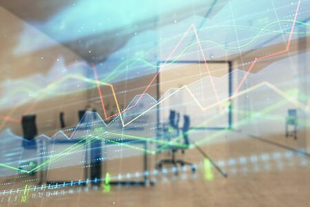 Stock market chart with trading desk bank office interior on background. Double exposure. Concept of financial analysisの写真素材
