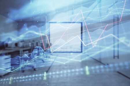 Stock market chart with trading desk bank office interior on background. Double exposure. Concept of financial analysisの写真素材