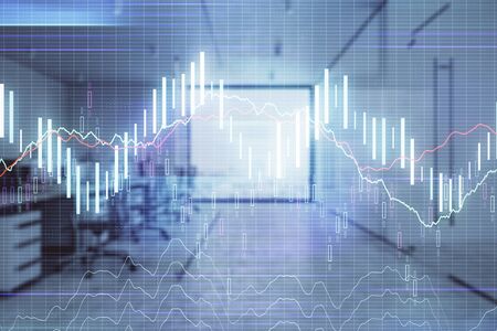 Stock market chart with trading desk bank office interior on background. Double exposure. Concept of financial analysisの写真素材
