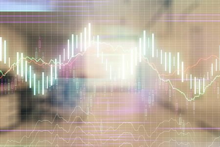 Stock market chart with trading desk bank office interior on background. Double exposure. Concept of financial analysisの写真素材