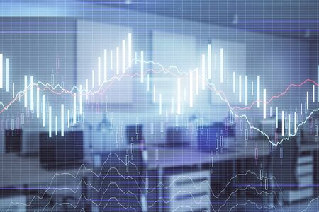 Stock market chart with trading desk bank office interior on background. Double exposure. Concept of financial analysisの写真素材