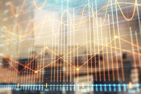 Stock market chart with trading desk bank office interior on background. Double exposure. Concept of financial analysisの写真素材