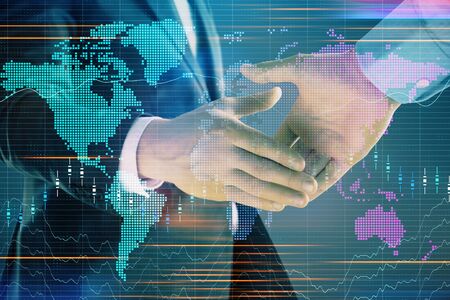 Multi exposure of forex graph and world map on abstract background with two businessmen handshake. Concept of success on international marketsの写真素材