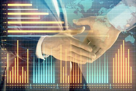 Multi exposure of forex graph and world map on abstract background with two businessmen handshake. Concept of success on international marketsの写真素材