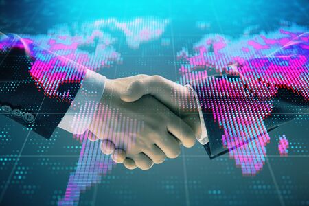 Multi exposure of world map on abstract background with two businessmen handshake. Concept of international businessの写真素材
