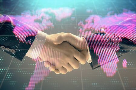 Multi exposure of world map on abstract background with two businessmen handshake. Concept of international businessの写真素材