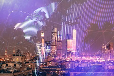 Double exposure of world map on city veiw background. Concept of international tradingの写真素材