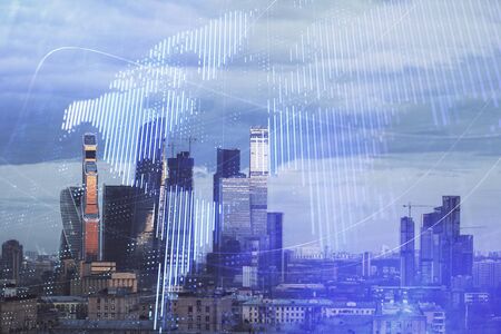 Double exposure of world map on city veiw background. Concept of international tradingの写真素材