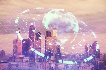 Double exposure of world map on city veiw background. Concept of international tradingの写真素材