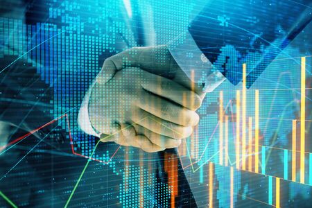 Multi exposure of forex graph and world map on abstract background with two businessmen handshake. Concept of success on international marketsの写真素材
