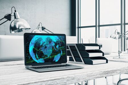 Cabinet desktop interior with financial charts and world map on computer screen. Concept of international market analysis and trading. 3d rendering.の写真素材