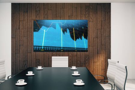Conference room interior with financial chart on screen monitor on the wall. Stock market analysis concept. 3d rendering.の写真素材