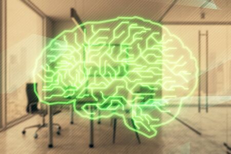 Brain sign hologram with minimalistic cabinet background. Double exposure. Ai concept.の写真素材
