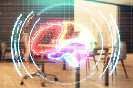 Brain sign hologram with minimalistic cabinet background. Double exposure. Ai concept.の写真素材