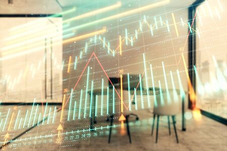 Forex chart hologram with minimalistic cabinet interior background. Double exposure. Stock market concept.の写真素材