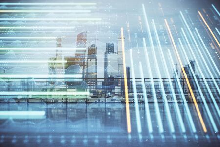 Forex graph hologram with city view from roof background. Double exposure. Stock market concept.