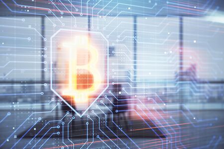 Bitcoin sign hologram with minimalistic cabinet background. Double exposure. Cryptocurrency concept.の写真素材
