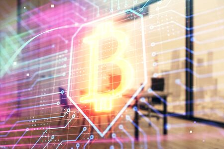 Bitcoin sign hologram with minimalistic cabinet background. Double exposure. Cryptocurrency concept.の写真素材