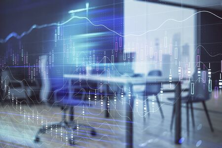 Business theme graph hologram with minimalistic cabinet interior background. Double exposure. Stock market concept.の写真素材
