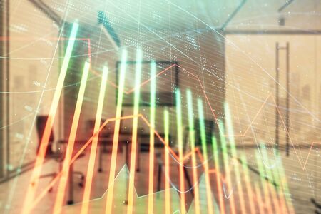 Business theme graph hologram with minimalistic cabinet interior background. Double exposure. Stock market concept.の写真素材